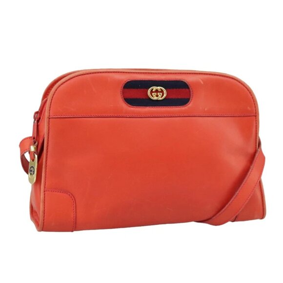 GUCCI Sherry Line Shoulder Bag Leather Orange Navy Red - Picture 1 of 15